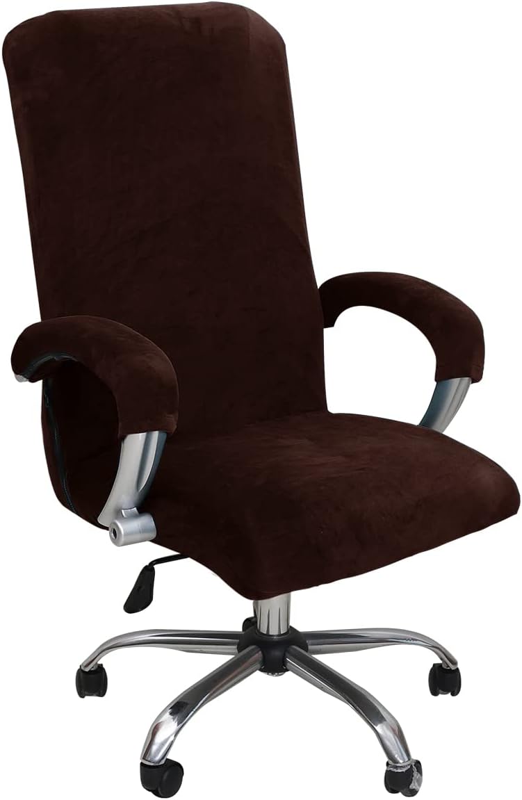 GOWT Velvet Plush Office Desk Chair Cover - Cat Proof Stretchable Elastic Comfy Protector for Ergonomic Office Chair with Wheels and Armrests, Fits Mesh and Executive Office Chairs,Removable,Coffee,XL - Image 1